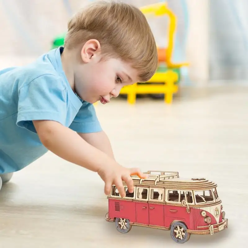 Bus Wooden Puzzle Bus Toy Wooden Model Kit Building Set 3D Puzzle Bus Construction Kit Wooden Craft Tour Bus Puzzle For Kids