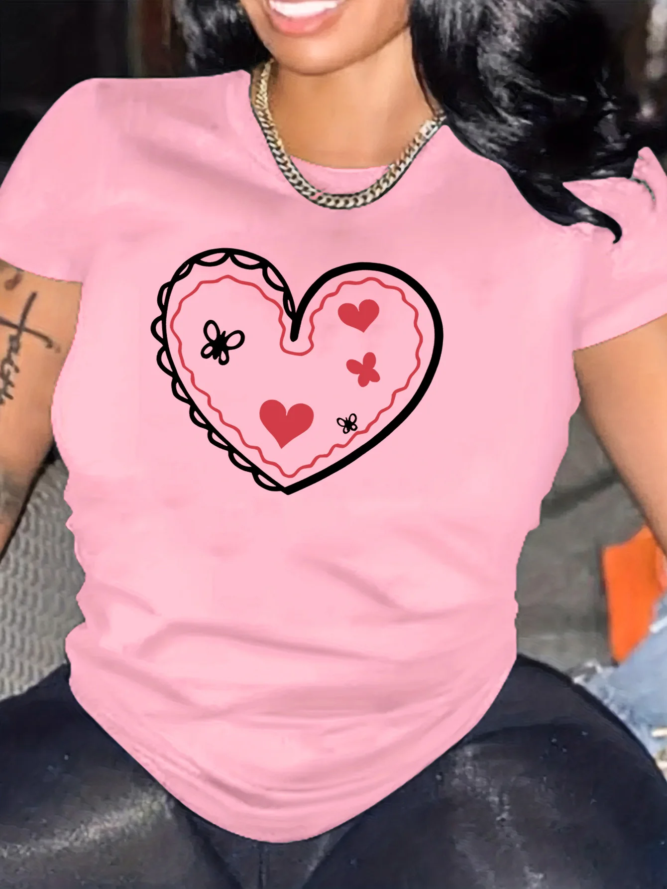 

Heart and Butterfly Printed Summer Women's Top Round Neck Short Sleeved Casual Fashion Plus Size Women Soft Comfortable Clothing