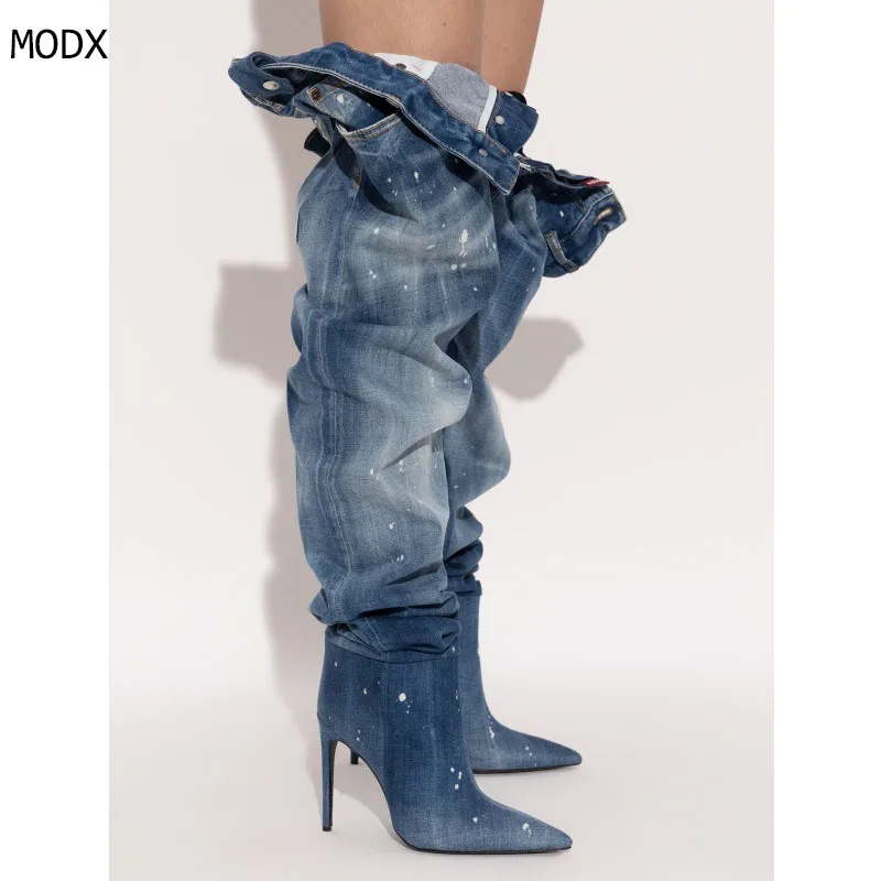 

2026 Wash Blue Denim Pleated Women Thigh High Boots Pointed Toe Zipper Jeans Thin Heels Winter Tall Boots Fashion Footwear 44