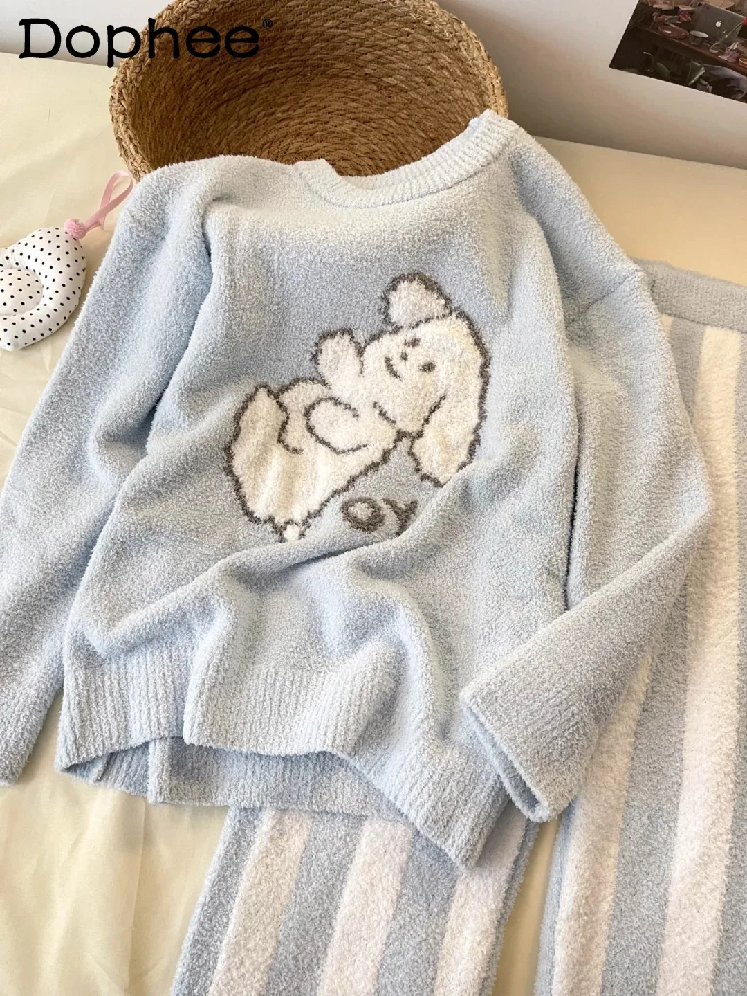 

2025 Pajamas Autumn Winter Half Velvet Thickened Cute Puppy Striped Plush Warm Homewear for Women