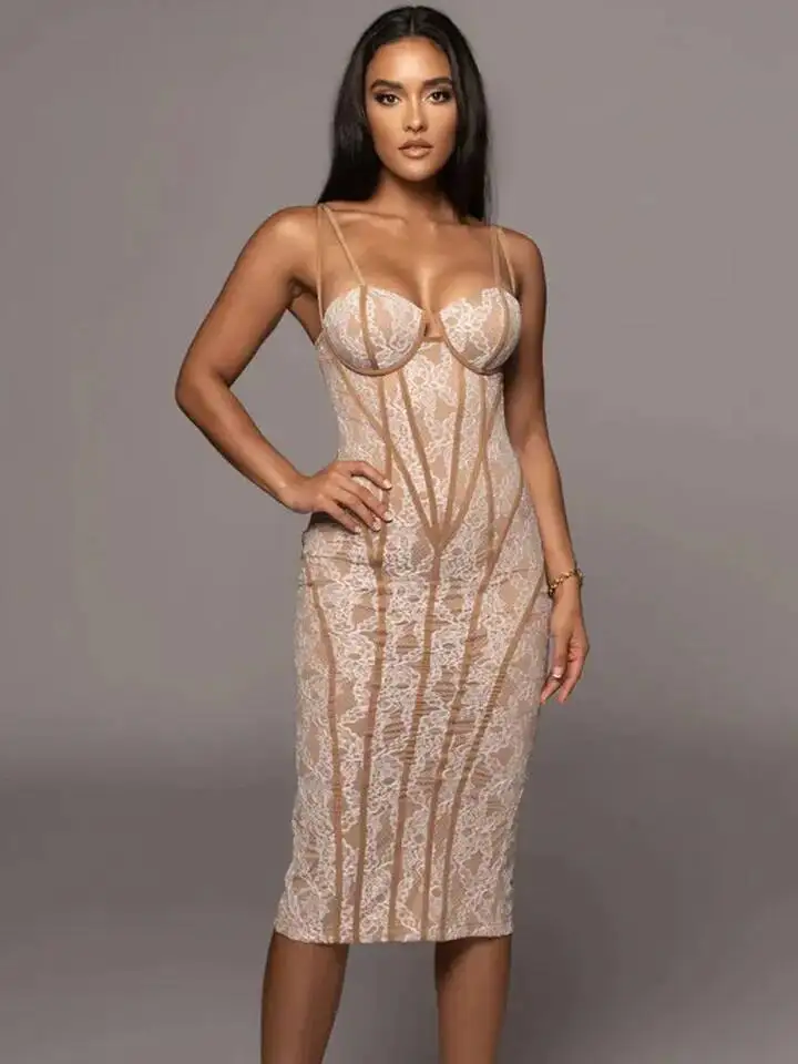 LEOSOXS 2025 nuevas mujeres celebridad Sexy cuello en V espalda descubierta encaje Beige Midi ceñido al cuerpo vendaje vestido elegante traje de fiesta y Club de noche