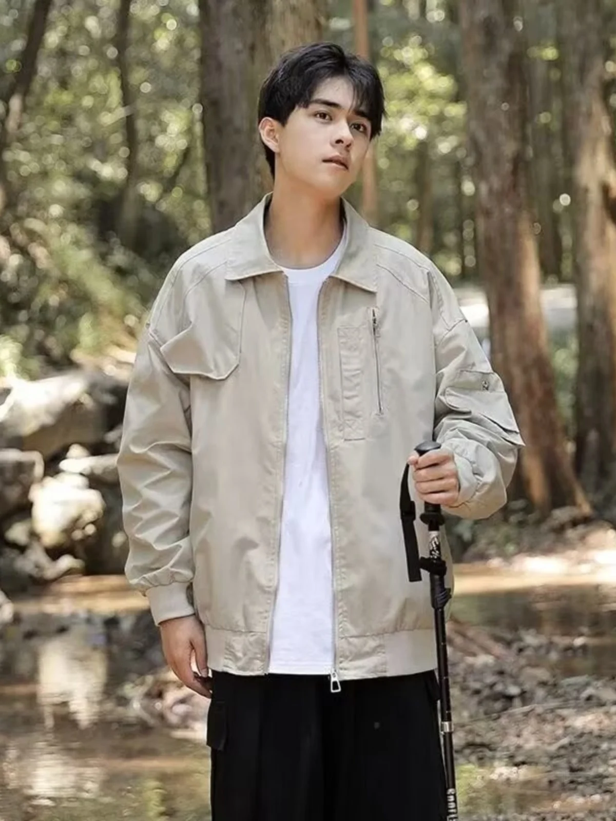 

American High Street Sle Men's Casual Flight Jaet Spring Autumn Loose Fit Student Workwear Coat Long Sve Turn-down Collar