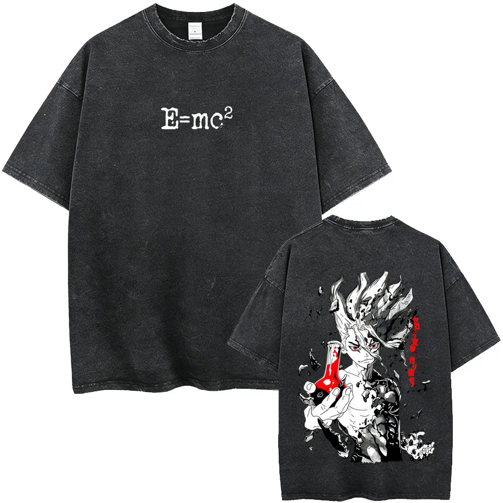 Washed Vintage Anime Dr. Stone Graphic T-shirt Manga Senku Ishigami Print T Shirts Men's Women Fashion Casual Oversized T-shirts