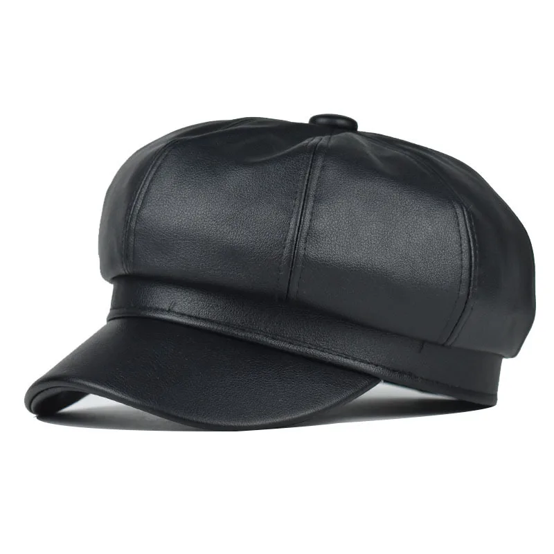 

PU Leather Artist Octagonal Stylish Versatile Pumpkin Hat Solid Color Beret PU Leather Cabbie Painter Hat Beret Cap