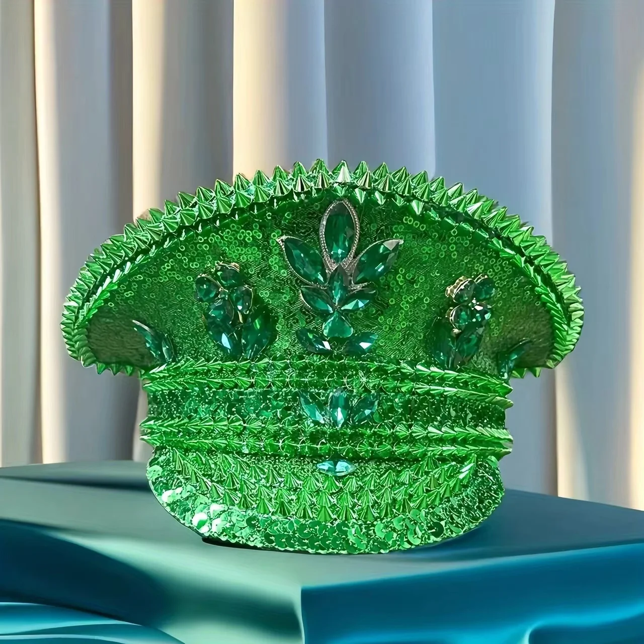 HongLuan Cappello da capitano con anello in pelle laser giallo con strass e berretti militari per donna, accessori per festival rave e berretto da festa da uomo