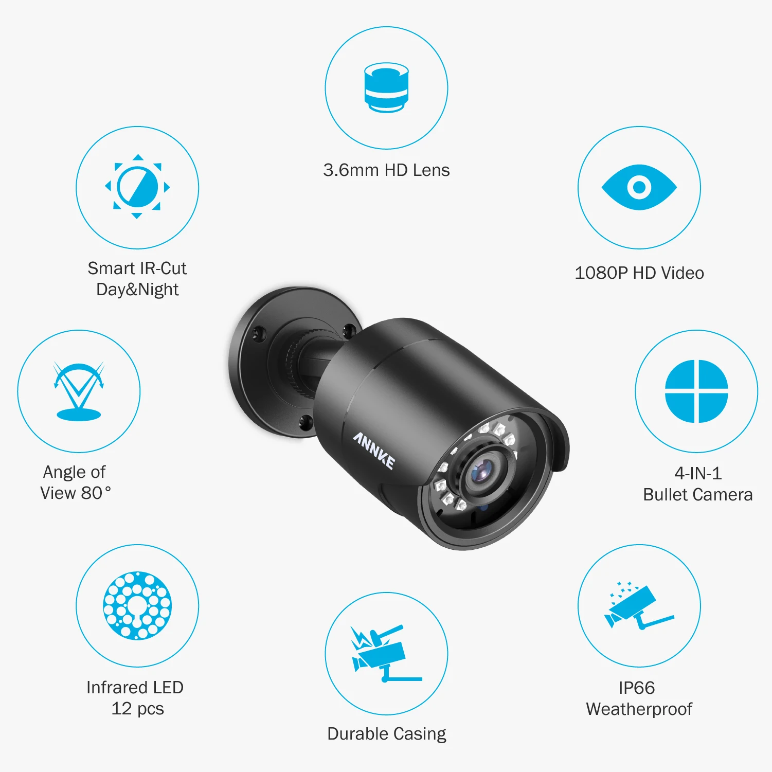 ANNKE-Caméra de surveillance bullet HD 2MP/1080p, dispositif de sécurité sans fil, avec système infrarouge et vision nocturne (TVI), 4 en 1