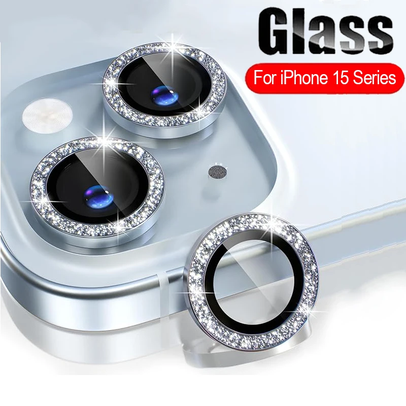 Diamond Glitter Camera Protector For iPhone 15 15Plus 15Pro Back Lens Tempered Glass Cover Metal Ring For iPhone 15 Pro Max