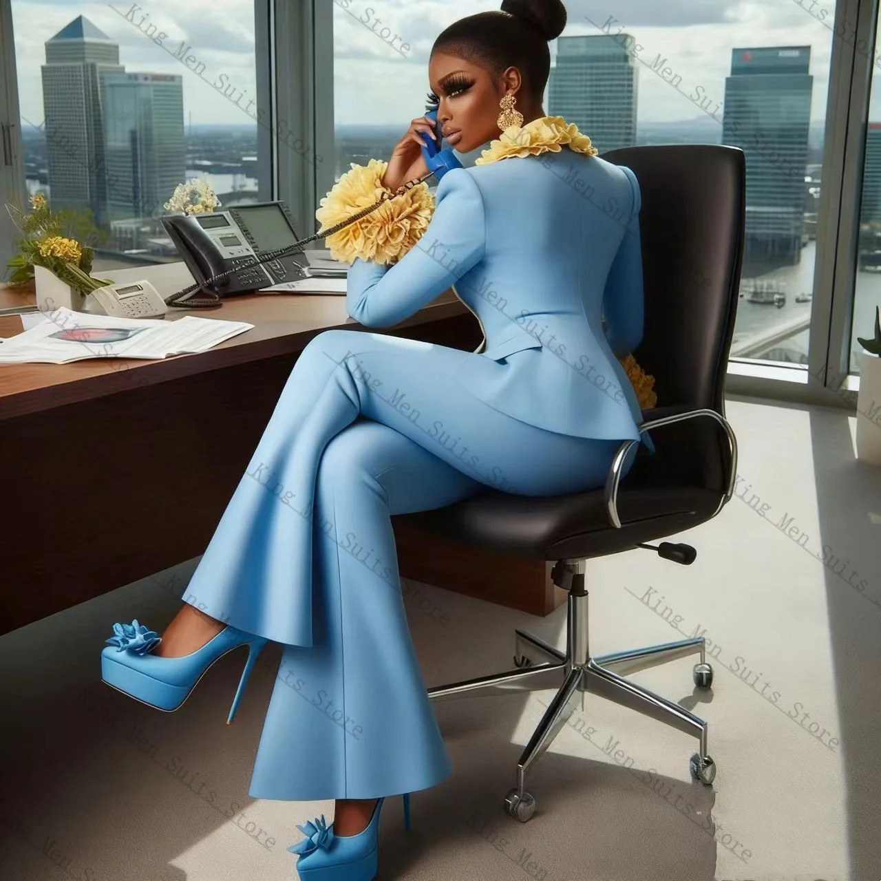 Light Blue Women Suit Set 2 Pcs Blazer+Pants Trousers Ruffles Sleeves Customized Formal Guest Wedding Tuxedos Coat Jacket