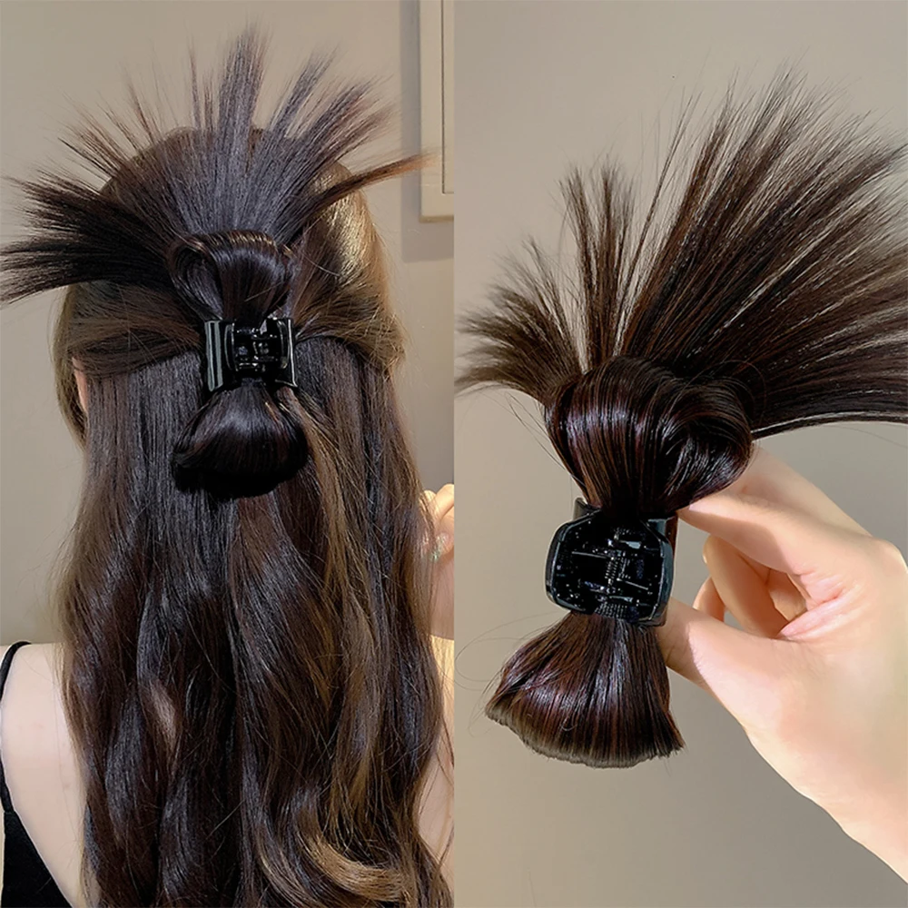 

Half-tie Hair Claw Feather Shuttlecock Head Synthetic Wigs Fluffy Hair Bun Hairpieces Claw Clip On Ponytail Extensions For Women