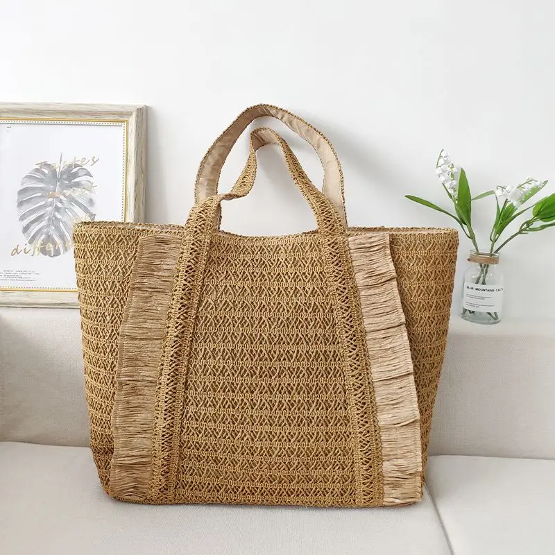 Overlarge Tassel Straw Bag Paper Rope Woven Tote Bags for Women Bohemian Travel Beach Handbags Summer Big Shopper Shoulder Bag