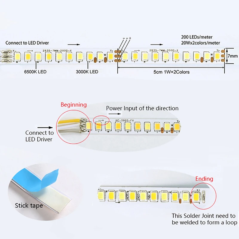 High lumen 2835-200D-5B10Cx2 Double colors LED strip 7mm width light tape be used in chandeliers ceiling lamp panel light etc.