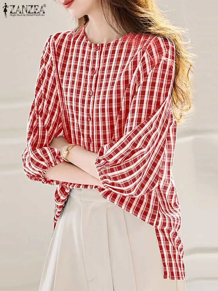 

ZANZEA 2024 Fashion 3/4 Puff Sleeve Shirts Holiday Casual Plaid Women Party Tops Elegant Checked O Neck Button Up Blusas Mujer