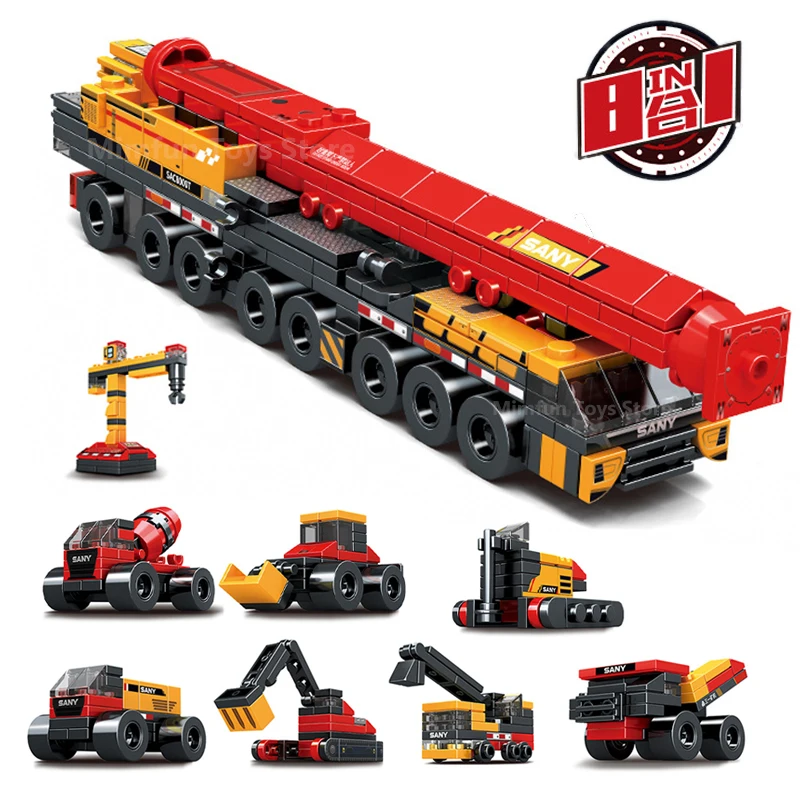 

SEMBO 8 IN 1 MOC Engineering Truck Blocks All Terrain Crane Model Building Kit DIY Construction Bricks Toy for Kids Boy Gifts