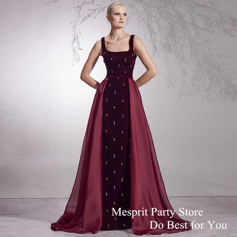 Burgundy Prom Dress Square Neck Customized Velour Formal Party Gown with Organza Skirt Slit Sheath Evening Dresses فساتين سهرات