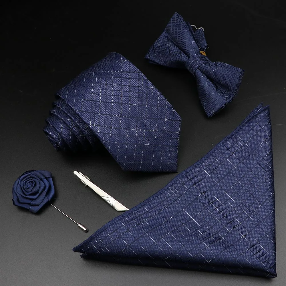 New Solid Color Men Tie Set Polyester Floral Jacquard Woven Necktie Bowtie Suit Vintage Red Blue For Groom Business Wedding Gift