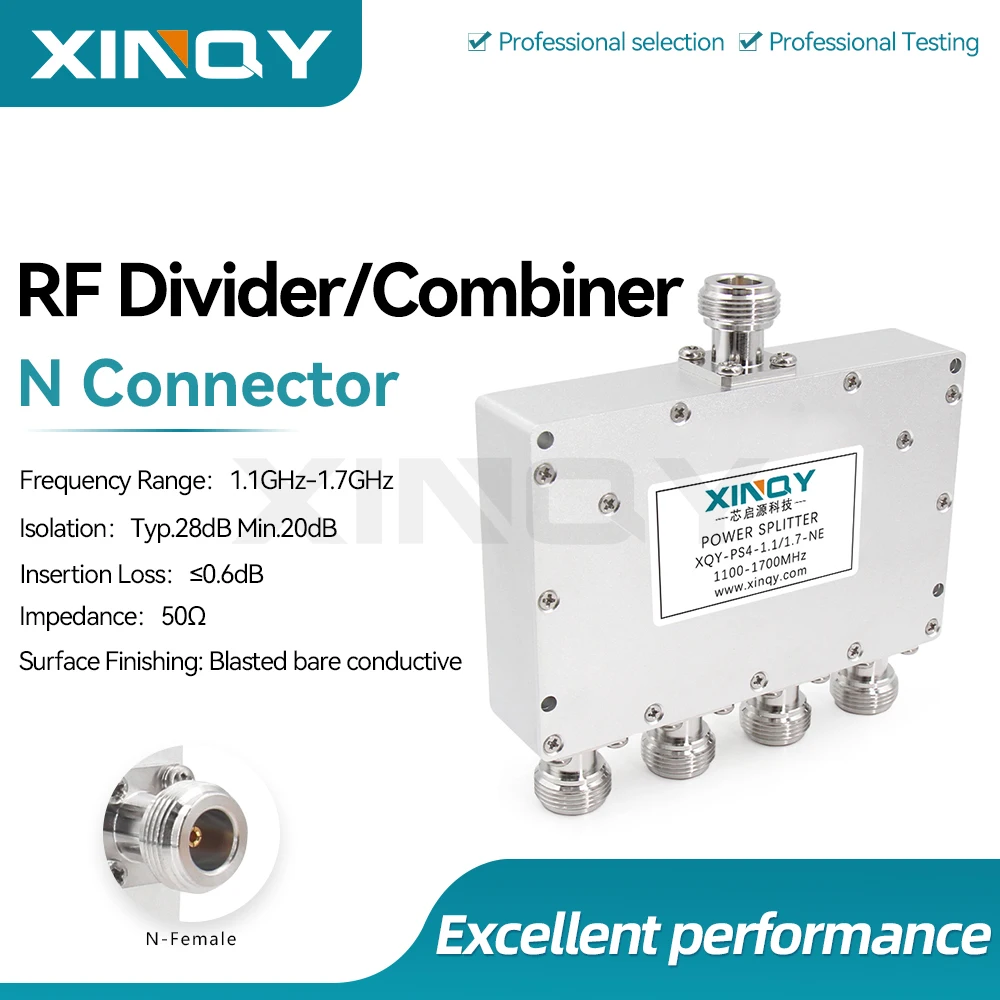 XINQY 1x4 N-Type Female Power Divider, 1.1-1.7GHz L-Band Signal Splitter for WiFi / Bluetooth / Wireless Communications