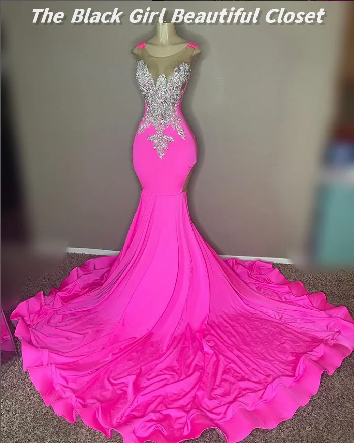 Barbie Pink Elegant Evening Gowns 2024 Sparkling Rhinestone Beaded Sequins Prom Dresses African Girls Sexy Fishtail Dresses