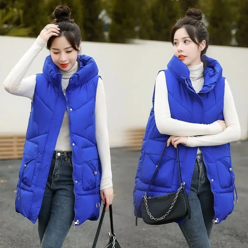 

2024 Women Solid Hooded Vest Zipper Pocket Loose Womens Vests Outerwear Sleeveless Jacket Long Coat Vests Woman Winter