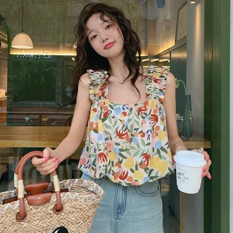 Print Tanks Women Summer Cropped Tops Beach Style Holiday Loose Sweet Casual Aesthetic Fashion Korean Version All-match Elegant