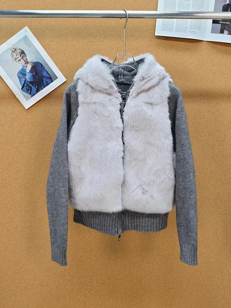 Fashion Women Spring Autumn Natural Real Rabbit Fur Cardigan Knitted Oversize Coat Fox Fur Decoration Sweater