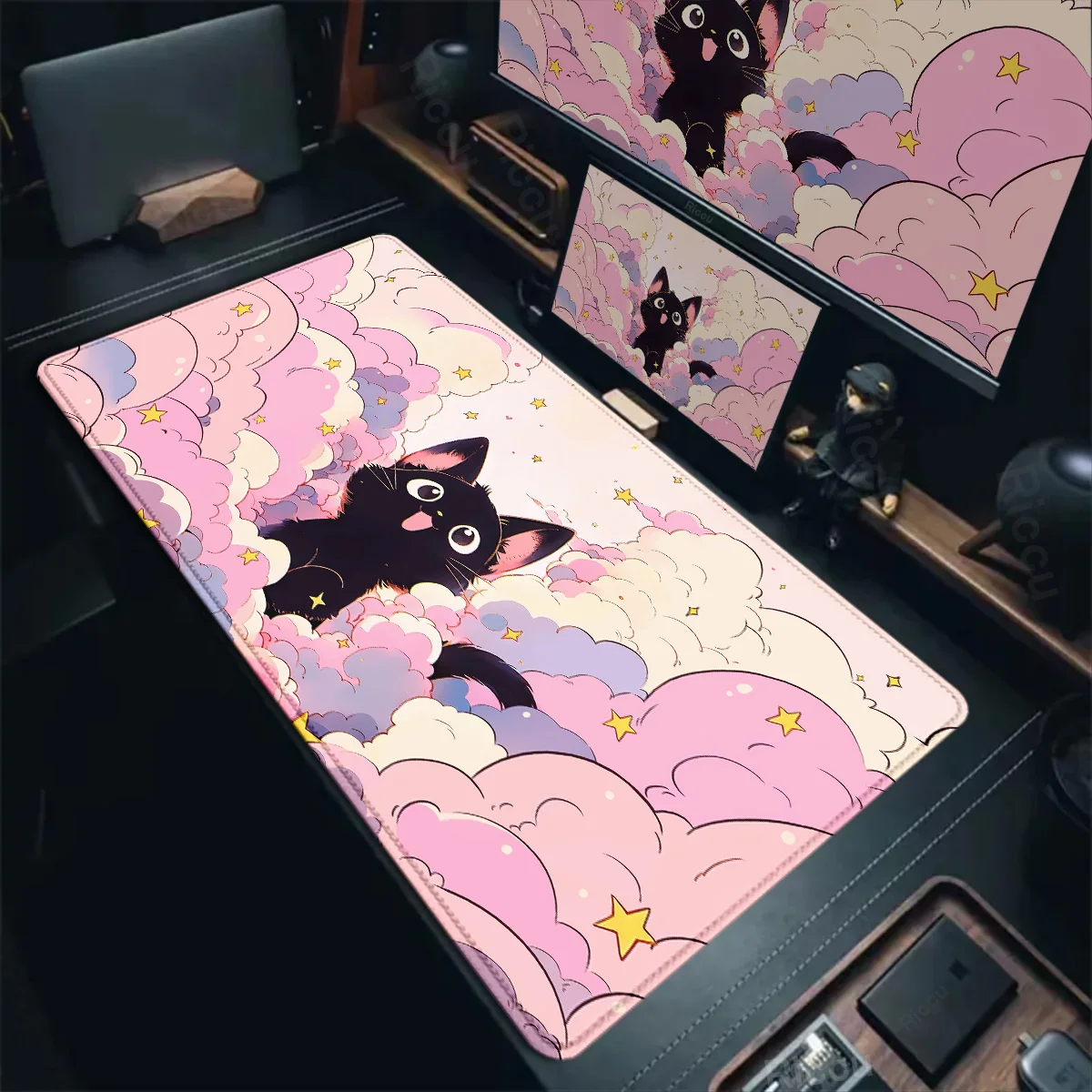 XXL Black Cat Kawaii Gamer Mouse Pad 400x900mm Locking Edge Keyboard Desk Mat Gaming Accessories Pink Cute Cloud Tapis De Souris