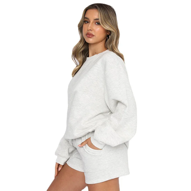 New Solid Color Women's Crewneck Sweatshirt Two-piece Set with Casual Sports Shorts - Perfect for a Workout