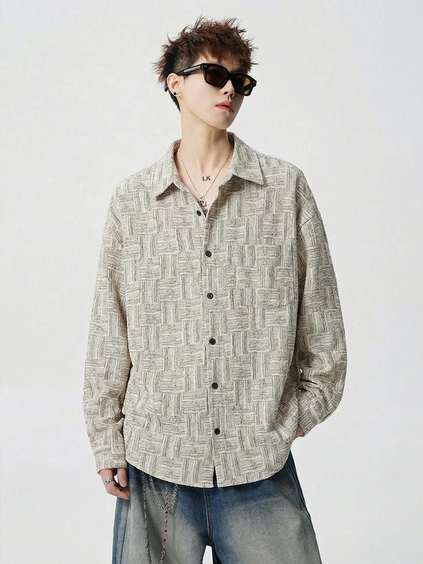 

Retro Textured Long Sve Men's irt Spring Trendy Loose Fit Casual Sle Polyester Fiber Resistant to Deformation