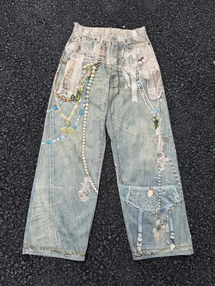 

25SS lace pearl chain trompe l'oeil 3D printed 1981 straight leg jeans for men and women ropa hombre