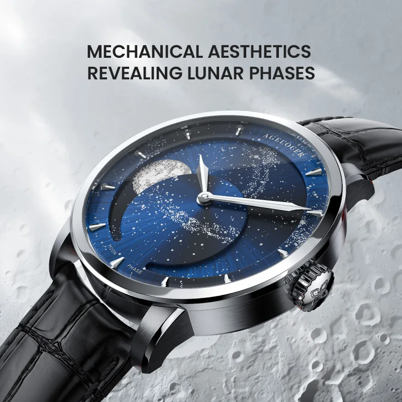 AGELOCER Original Astronomer Watch Men's Business Luxury Watch Automatic Mechanical Moon Phase Watch Birthday Gift for Men
