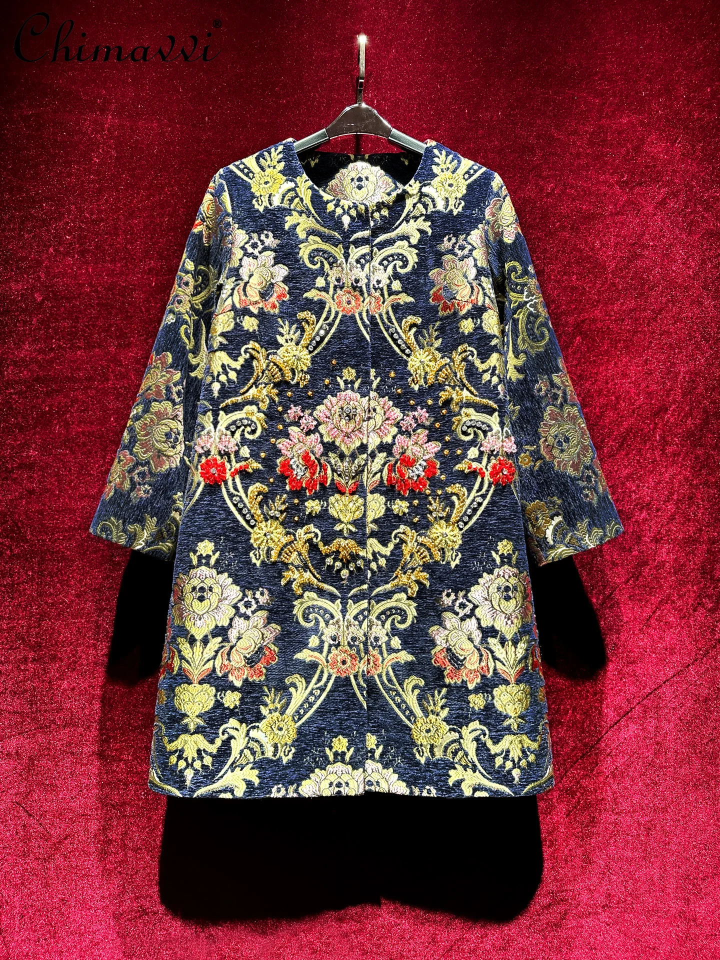 

French Light Luxury Jacquard Heavy Beading Embroidery Mid-Length Coat 2025 Autumn Winter High Fashion Retro Loose Trench Coat