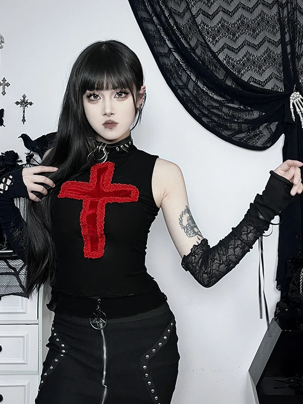 Top damski Loween K Gothic Sle Cross Bal Tank Top, słodko-pikantny, odzież sceniczna up Bla, ort irt