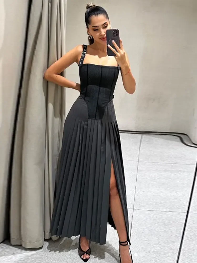 Sexy Elegant Sleeveless Pleated A-line Dress Fashion Casual Women\'s Solid Motorcycle Dresses 2023 Holiday Party Lady Street Wear