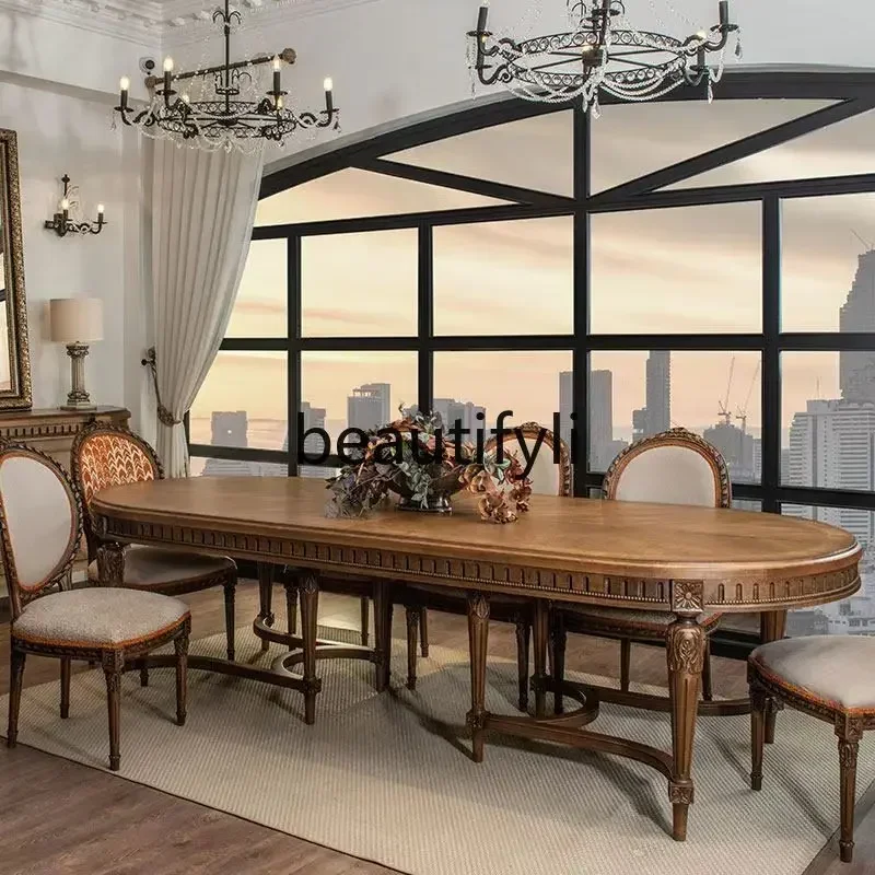 M178 French retro solid wood home oval dining table American country old Roman column villa living room