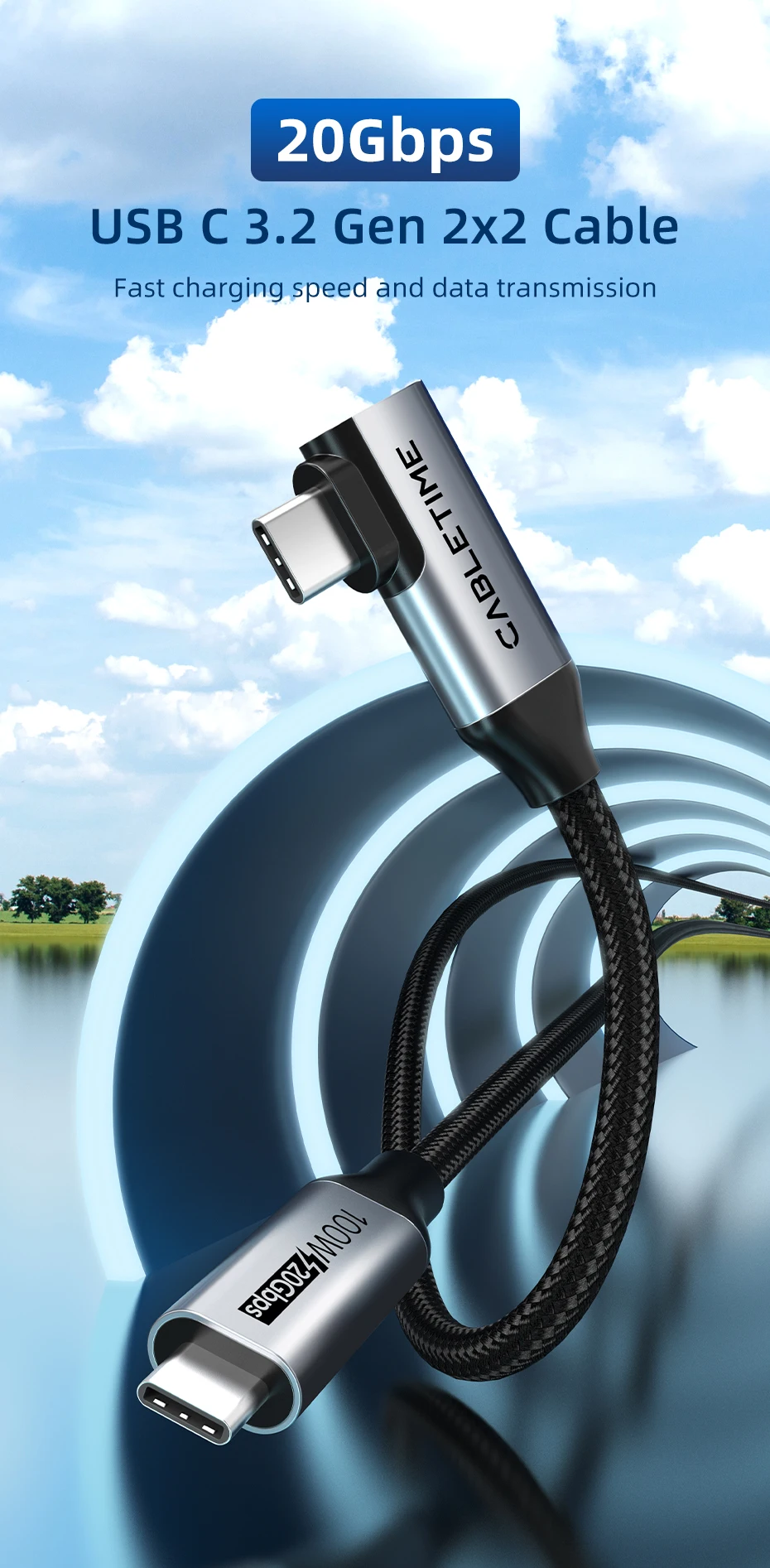 CABLETIME USB C auf USB C-Kabel USB 3.2 Gen 2 20 Gbit/s 90 Grad PD 100 W 4K 60 Hz Video-Schnellladung für iPhone 16 MacBook Pro iPad – Detail 1
