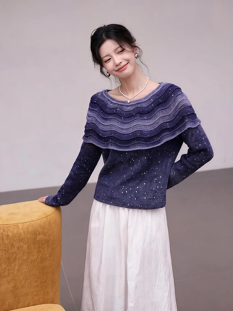 Chic Gradient Elegant Blue Gradient Sequin Knit Sweater For Women Off‑shoulder Layered Ruffle Cape Sparkly Pullover Sweet Tops