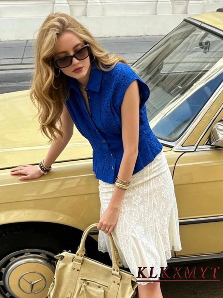 Women Fashion Sexy Hollowed-Out Laple Vest Leisure Button Decoration Sleeveless Blue Top Elegant Slim Summer Vacation Solid Top