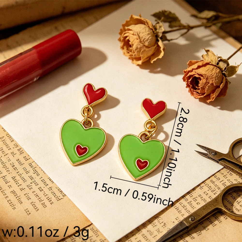 Red and Green Double-Layered Heart-Shaped Oil-Drip Earrings, Vintage Contrasting Color Heart-Shaped Pendant Earrings, Sweet and Unique Accessories for Women