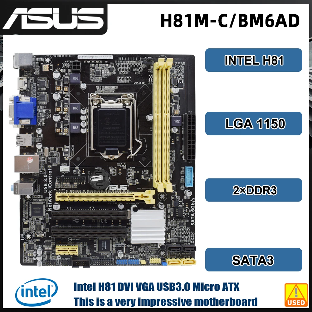 Placa-mãe ASUS-Micro ATX, H81M-C, BM6AD, LGA1150, DDR3, USB 3.0, PCI-E, X16, H81M-C, BM6AD, Core i3-4170, i5-4430