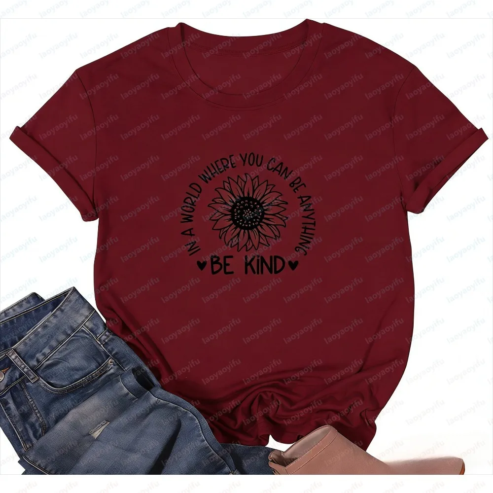 Fashion Ladies Short-Sleeved T-Shirt Summer Casual Cute Sunflower Design Be Kind Inspirational Friendly Blessing Women Tops