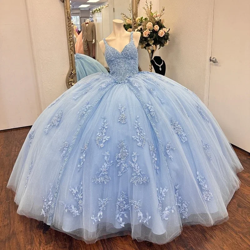 Light Blue Tulle เจ้าหญิง Quinceanera ชุด Appliques Lace Up วันเกิดเม็กซิกันสาว Vestidos De 15 ปี Ball Gowns