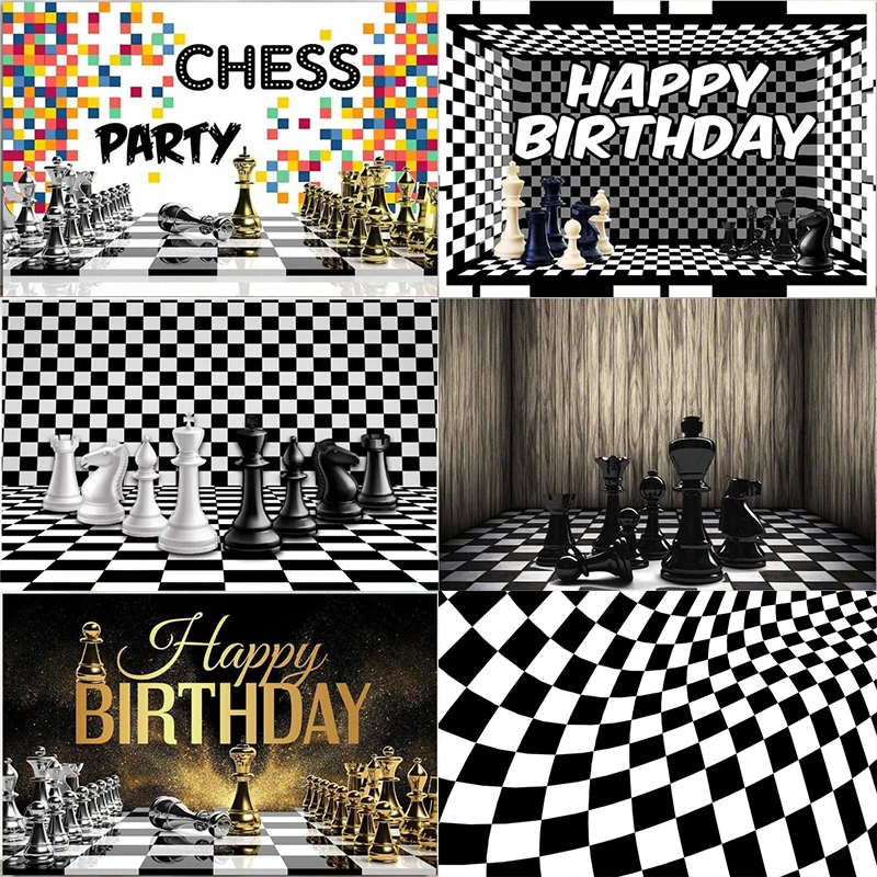 Chess Black White Backdrop Racing Checker Chess Board Texture Grid Wave Background Racing Themed Party Birthday Decorations