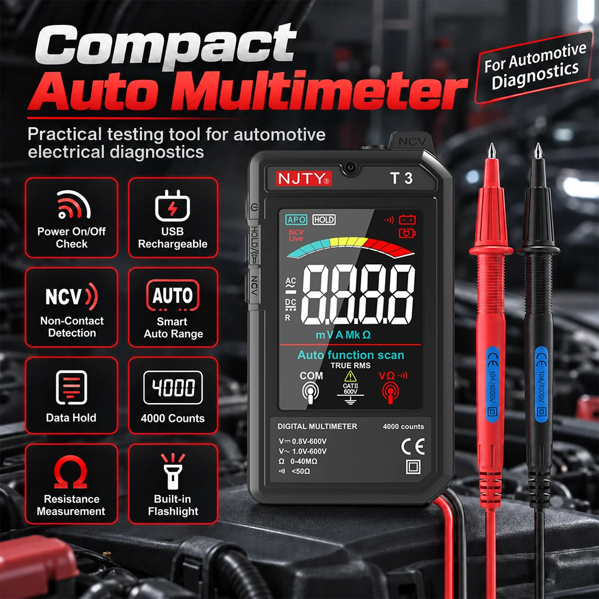 T3 Automotive Digital Multimeter Rechargeable True RMS 4000 Counts Auto Range AC/DC Voltage Resistance NCV Live Wire Tester