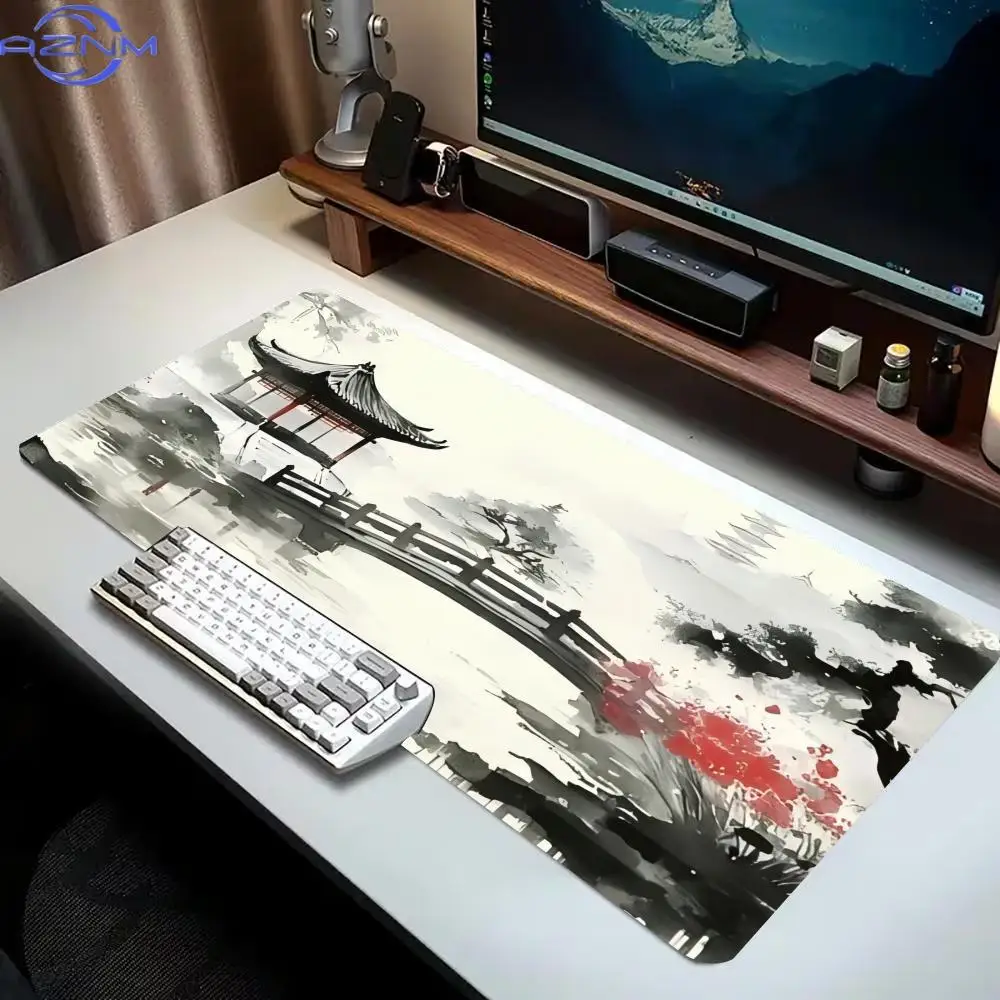 Oriental Ink Scenery Plum Flower Large Extended Mouse Pad Non-slip Rubber Base Stitched Edge Desk Mat for Gaming Office Laptop