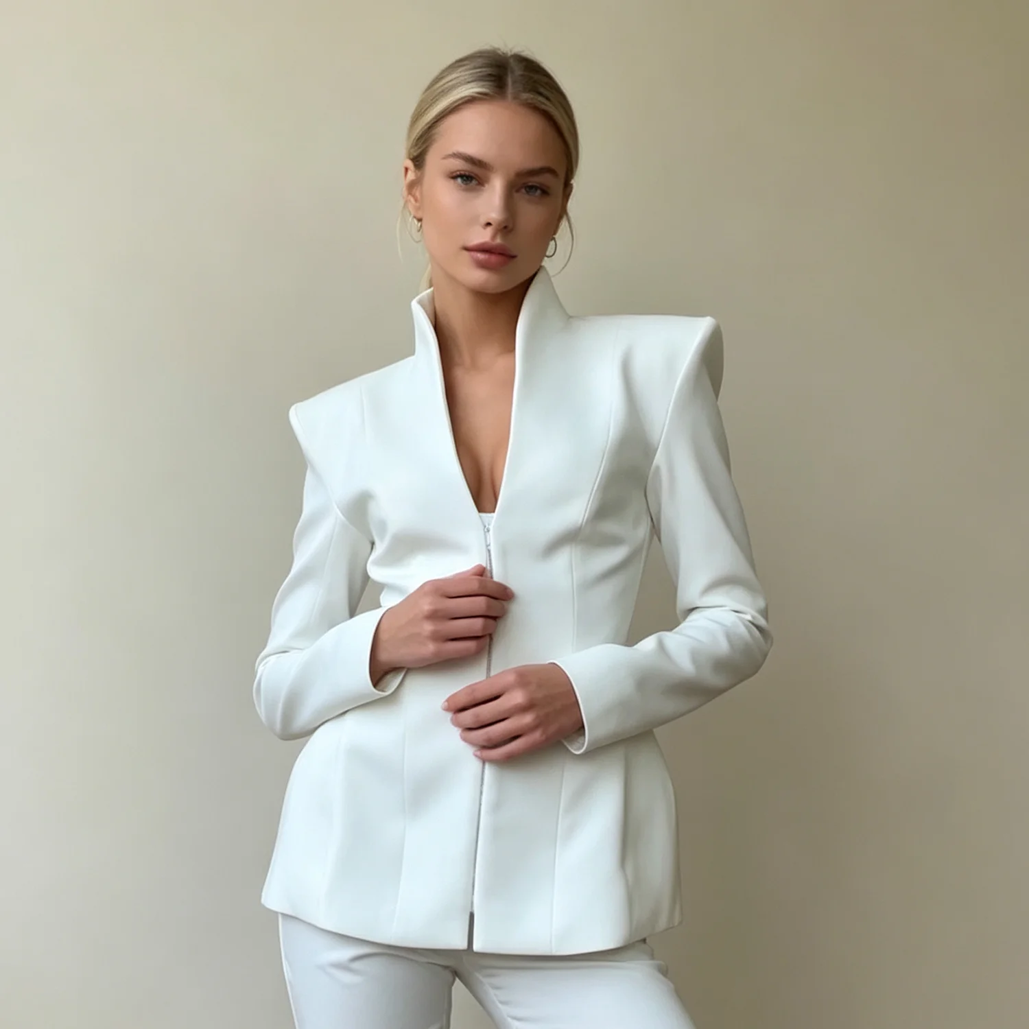 PUAL  2026 Women White Stand Collar Blazer Slim Peplum Zipper Jacket Shoulder Pad Elegant Office Formal Outerwear