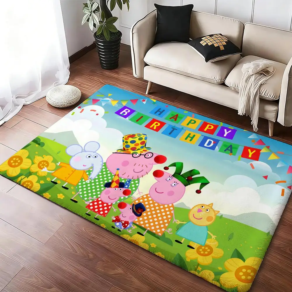 H Cute P-Peppa P-Pig Cartoon Floor Mat Soft Thickened Absorbent Non-Slip Bedroom Living Room Door Mat Home Decor Flannel Rugs