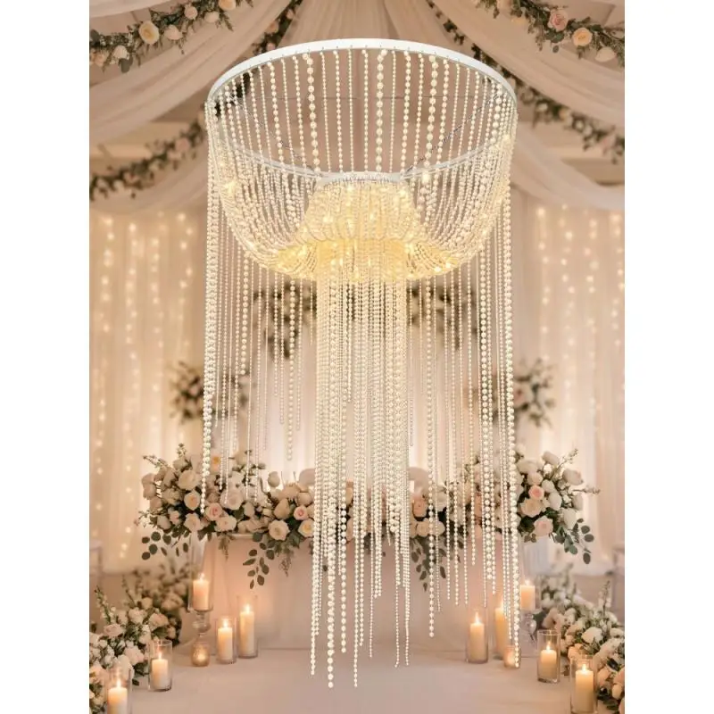 

Romantic Pearl Pendant Chandeliers Beads Strings Rings Ceiling Decoration For Wedding Banquet Hall Hanging Accessories