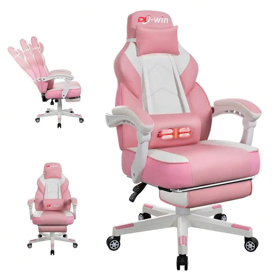 Gaming Chair For Adults, Ergonomic PU Leather Office Chair With Headrest & Footrest, Video Game Chairs With Massage Lumbar Suppo