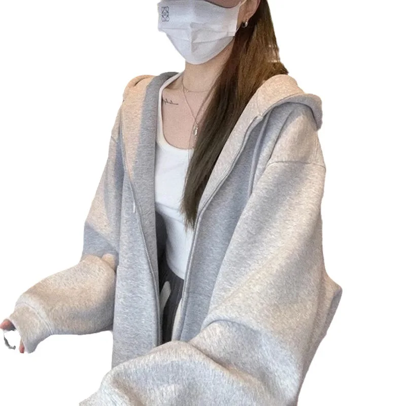 Solid Color Hooded Sweatshirt Women's Autumn Winter Loose Slim Lazy Style Casual Zipper Top Plush Jacket