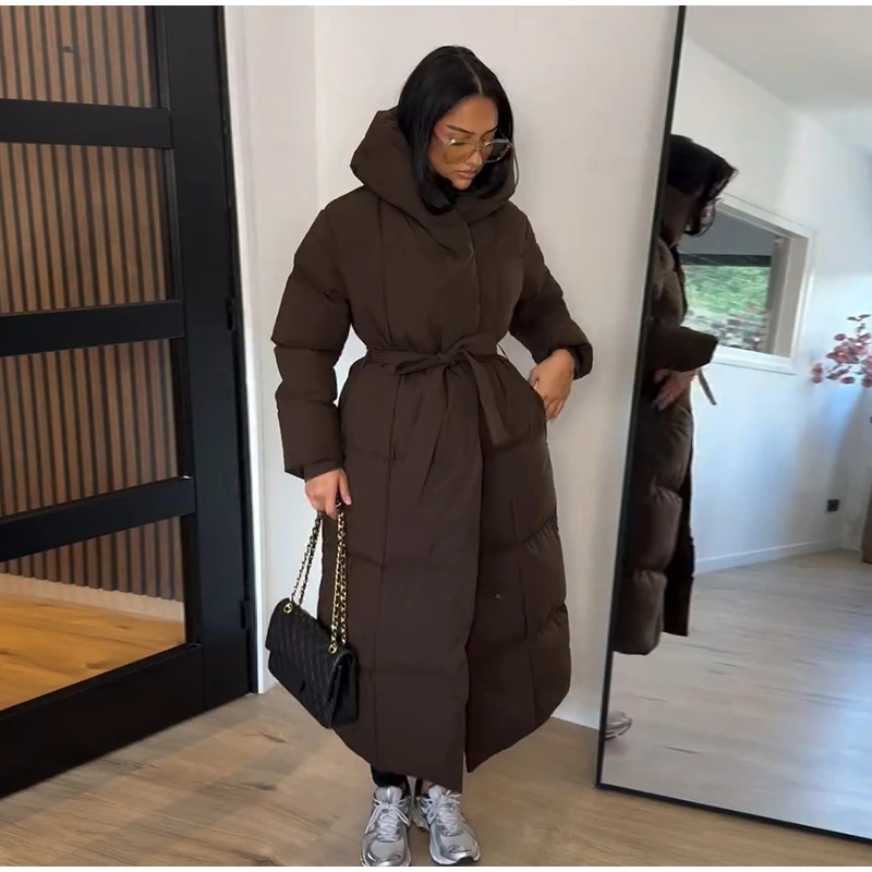 Elegant Long Belted Waist Tie Hooded Puffer Coat Quilted Thick Maxi 2026 Winter Daily Travel Outdoor Outerwear Casual Overcoat