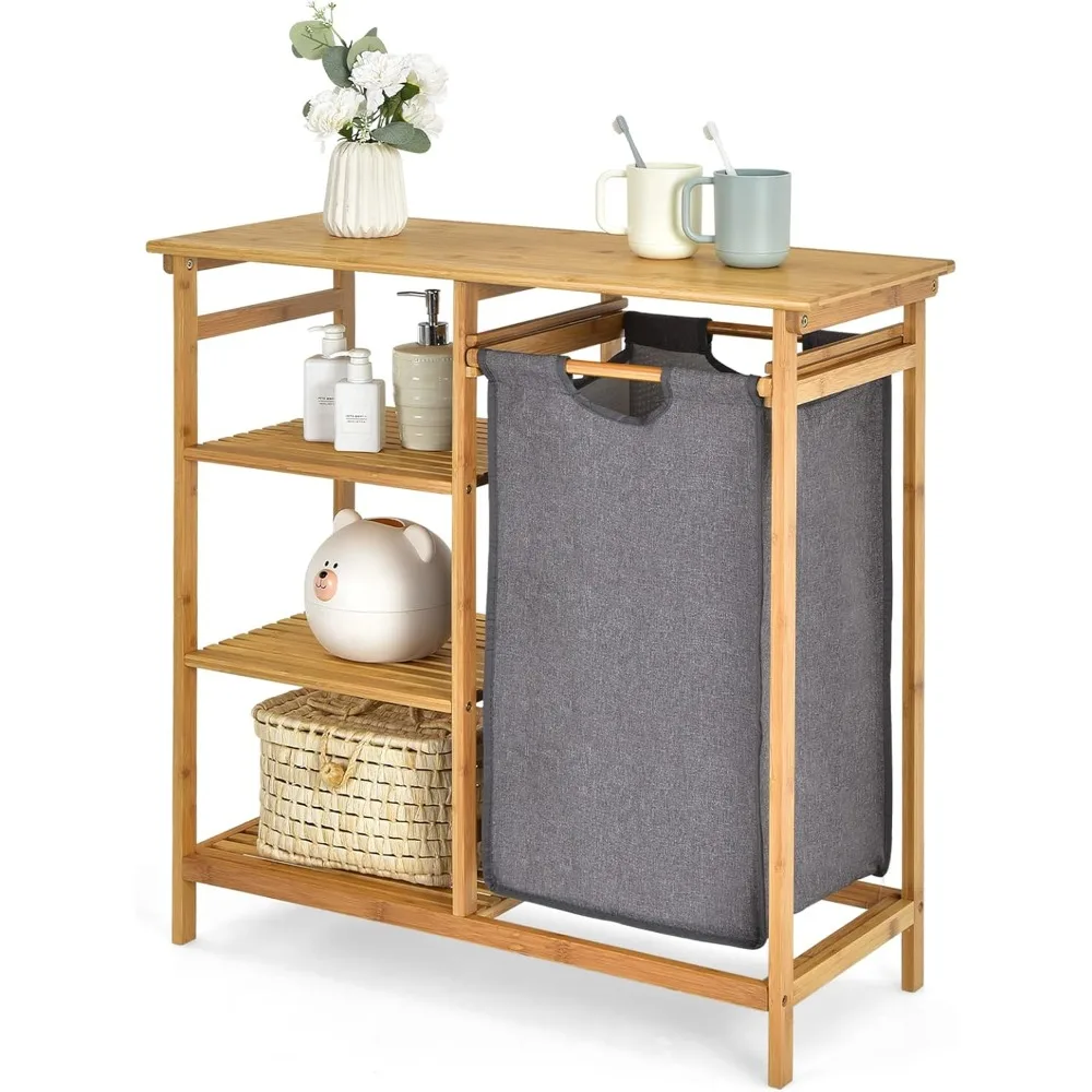 

Bamboo Laundry Hamper Stand, Freestanding Laundry Organizer w/Removable Sliding Bag & 3-Tier Open Shelves